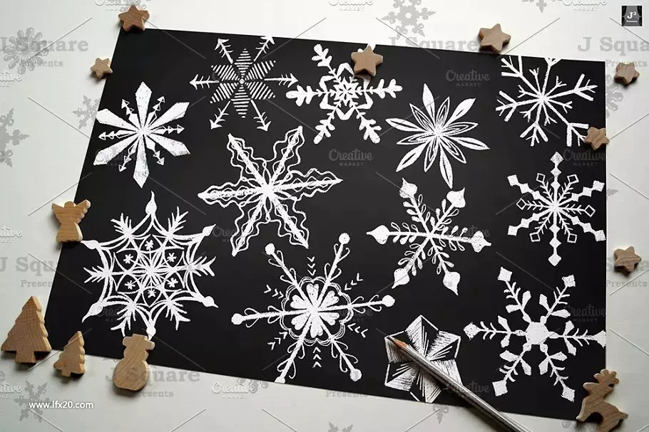 手绘粉笔画&银箔雪花图案纹理笔刷 vector chalk foil snowflakes